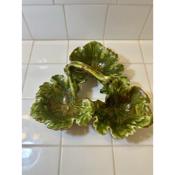 Vintage MCM Style 3 Leaves Handled Candy Dish Greens Browns Mullins Ceramics‎ KY - Picture 2 of 7